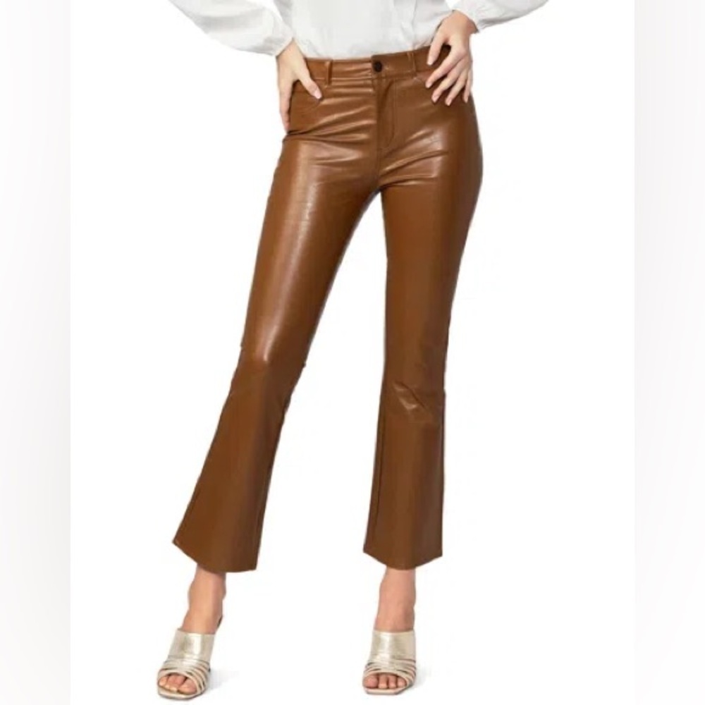 PAIGE Claudine Faux Leather Ankle Flare Jeans – Dark Argan Brown – Size 25